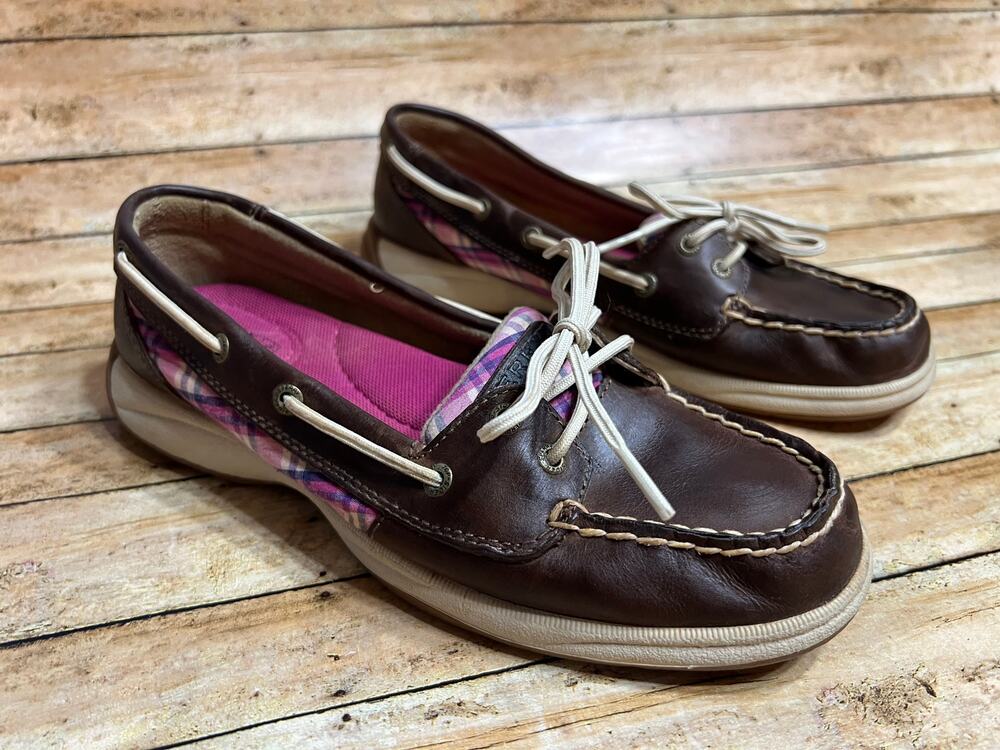 Sperry TopSider Angelfish Boat Deck Shoes Women size 8M Leather & Plaid #9778440
